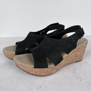 NWOB Collection By Clarks Black Leather Cork Wedge Sandal Shoe sz 9.5W